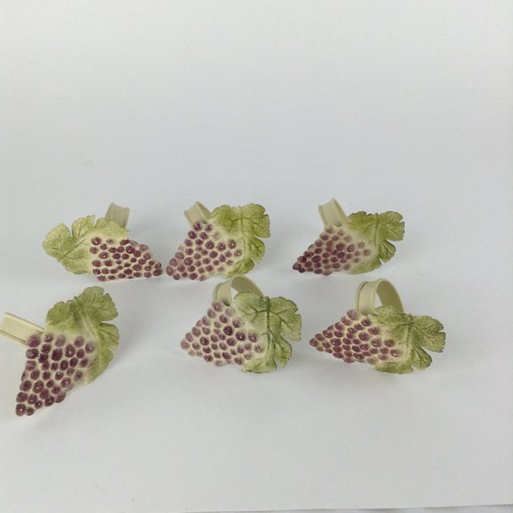 Set of Six Metal Grape Cluster Napkin Rings Purple Grapes Green Leaves - Picture 2 of 8